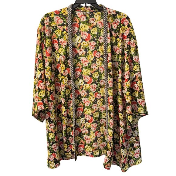 Kut From The Kloth Floral Kimono Jacket With Pearl Beaded Trim Sz Large - Picture 9 of 12